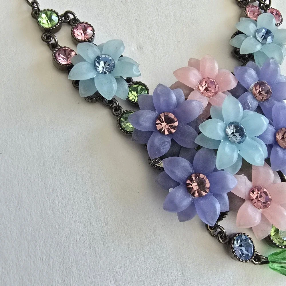 Floral Bib Necklace Earring Set Pastel Resin Flowers Gunmetal Rhinestone Jewelry